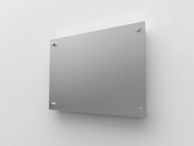 A4 katmanlı alüminyum plaka. Uzaylı metal tutucuların plakası. Markalaşma tahtası. Gri arka planda metal reklam panosu. Numara 297 x 210 mm. 3B illüstrasyon
