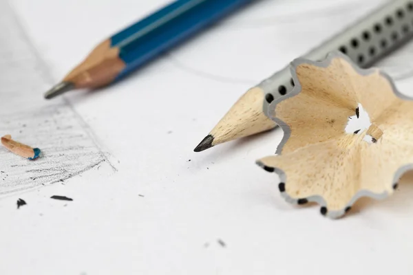 Sharp pencils on top of a drawing. — Stock Photo, Image