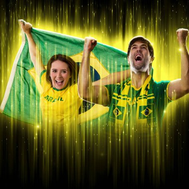 Brazilian couple Celebrating the cup on a black background with yellow glow, cheering for Brazil to be the champion.