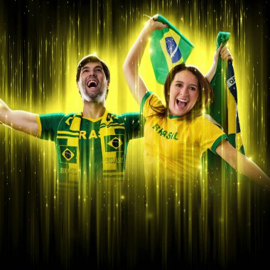 Brazilian couple Celebrating the cup on a black background with yellow glow, cheering for Brazil to be the champion.