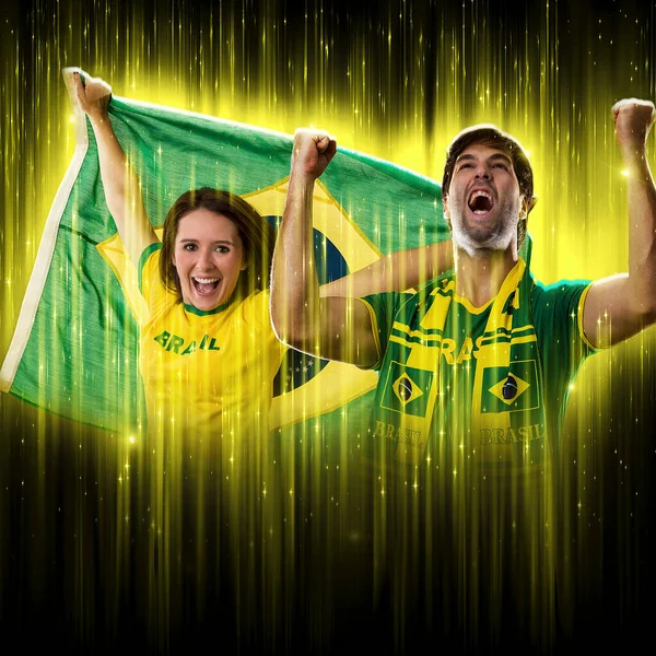 Brazilian Couple Celebrating Cup Black Background Yellow Glow Cheering Brazil — Stock Fotó