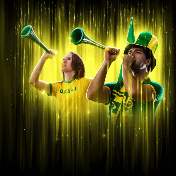 Brazilian Couple Celebrating Cup Black Background Yellow Glow Cheering Brazil — Stok fotoğraf