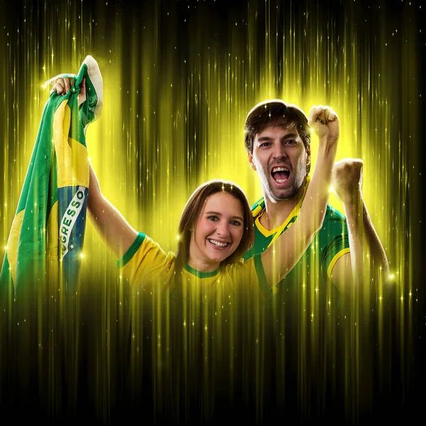 Brazilian Couple Celebrating Cup Black Background Yellow Glow Cheering Brazil — Stock Fotó