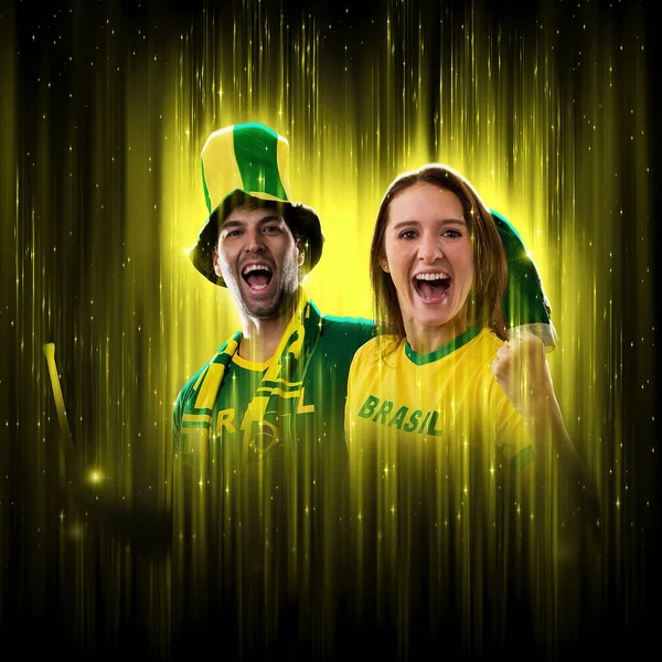 Brazilian Couple Celebrating Cup Black Background Yellow Glow Cheering Brazil — Stockfoto