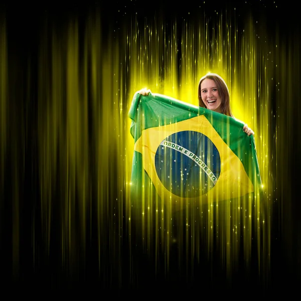 Brazilian woman fan, celebrating on a yellow and black backgroun, cheering for Brazil to be the champion.