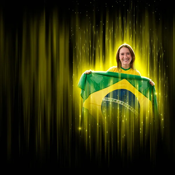 Brazilian woman fan, celebrating on a yellow and black backgroun, cheering for Brazil to be the champion.