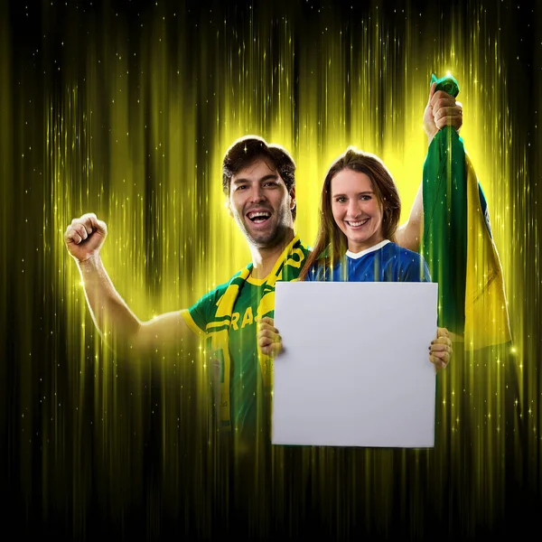 Brazilian Couple Holding White Empty Boards Black Background Cheering Brazil — Fotografia de Stock