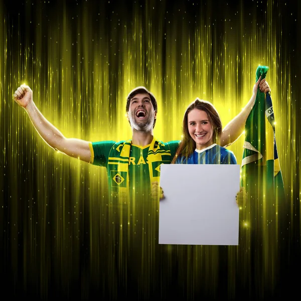Brazilian Couple Holding White Empty Boards Black Background Cheering Brazil — Fotografia de Stock