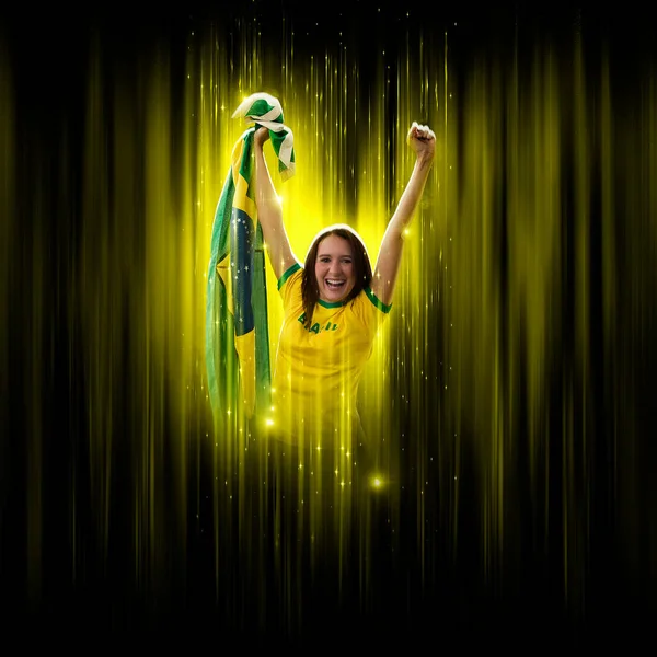 Brazilian Woman Fan Celebrating Yellow Black Backgroun Cheering Brazil Champion —  Fotos de Stock