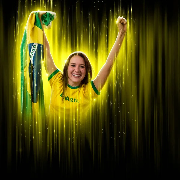 Brazilian woman fan, celebrating on a yellow and black backgroun, cheering for Brazil to be the champion.