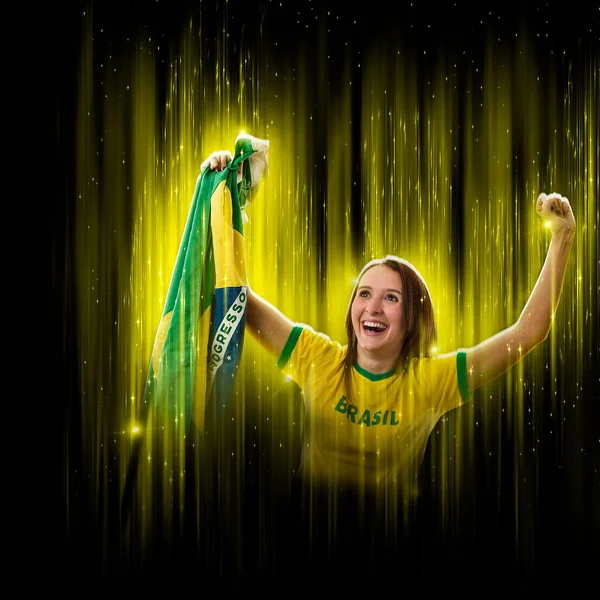 Brazilian Woman Fan Celebrating Yellow Black Backgroun Cheering Brazil Champion — Stockfoto