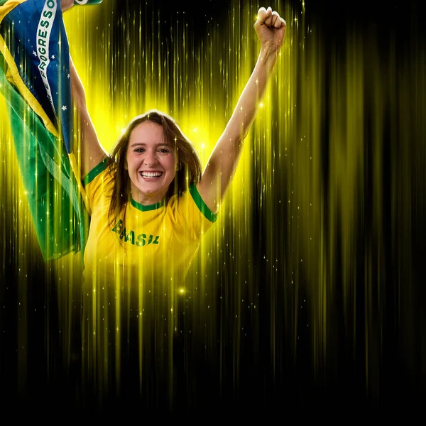 Brazilian Woman Fan Celebrating Yellow Black Backgroun Cheering Brazil Champion — 图库照片