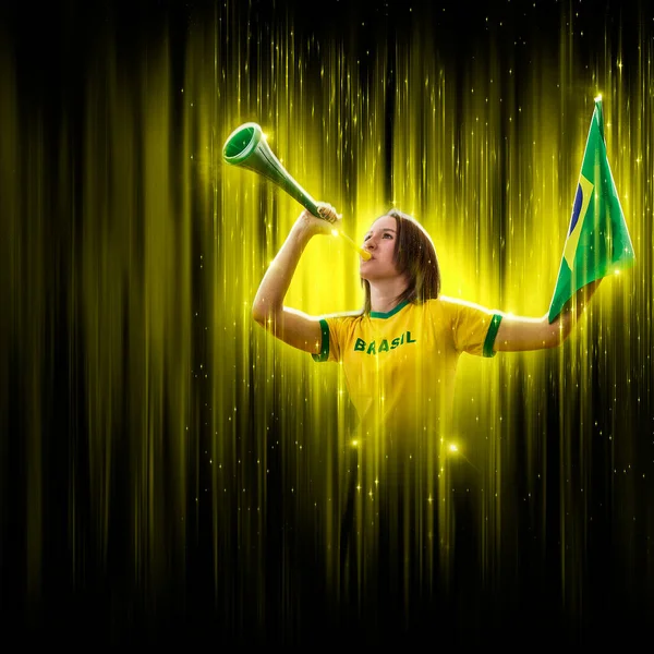 Brazilian Woman Fan Celebrating Yellow Black Backgroun Cheering Brazil Champion — Stockfoto