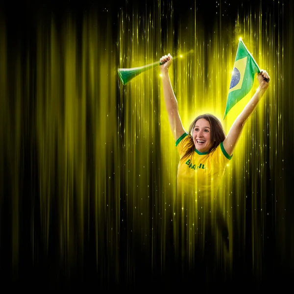 Бразильская Фанатка Празднующая Жёлтой Чёрной Спине Болеет Бразилию Стать Чемпионом — стоковое фото