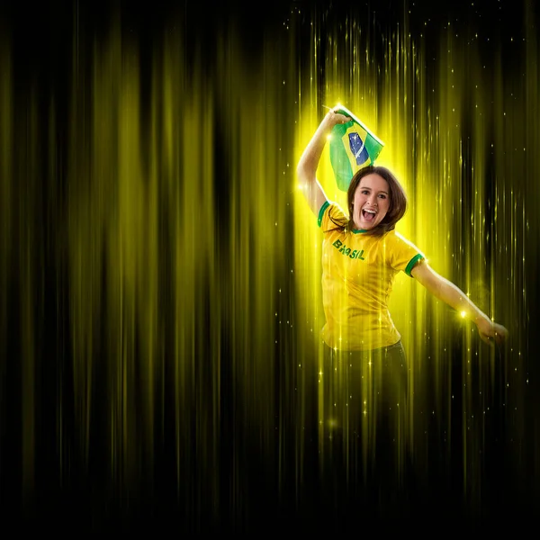 Brazilian Woman Fan Celebrating Yellow Black Backgroun Cheering Brazil Champion — Zdjęcie stockowe