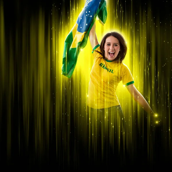 Brazilian Woman Fan Celebrating Yellow Black Backgroun Cheering Brazil Champion — Foto de Stock