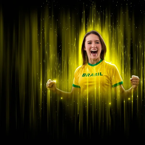 Brazilian Woman Fan Celebrating Yellow Black Backgroun Cheering Brazil Champion — Zdjęcie stockowe