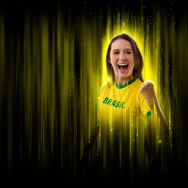 Brazilian woman fan, celebrating on a yellow and black backgroun, cheering for Brazil to be the champion.