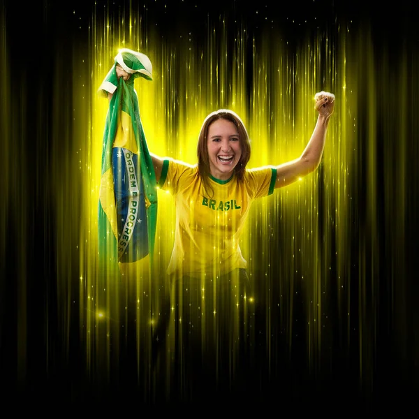 Brazilian Woman Fan Celebrating Yellow Black Backgroun Cheering Brazil Champion Fotografias De Stock Royalty-Free