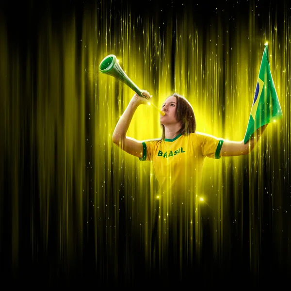 Brazilian Woman Fan Celebrating Yellow Black Backgroun Cheering Brazil Champion Imagem De Stock