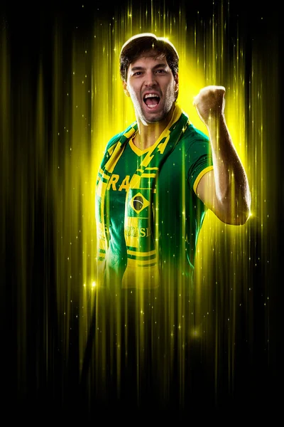 Brazilian Fan Celebrating Yellow Black Backgroun Cheering Brazil Champion Imagens Royalty-Free