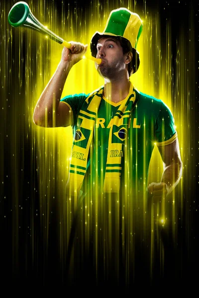 Brazilian Fan Celebrating Yellow Black Backgroun Cheering Brazil Champion — ストック写真
