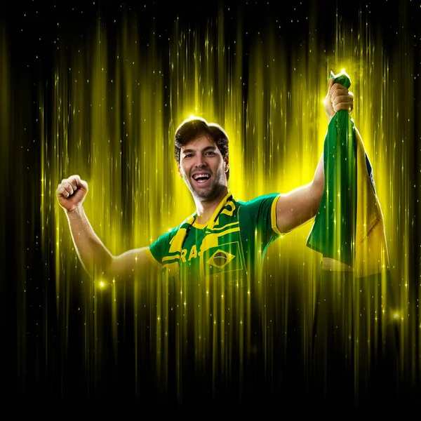 Brazilian Fan Celebrating Yellow Black Backgroun Cheering Brazil Champion — Stok fotoğraf