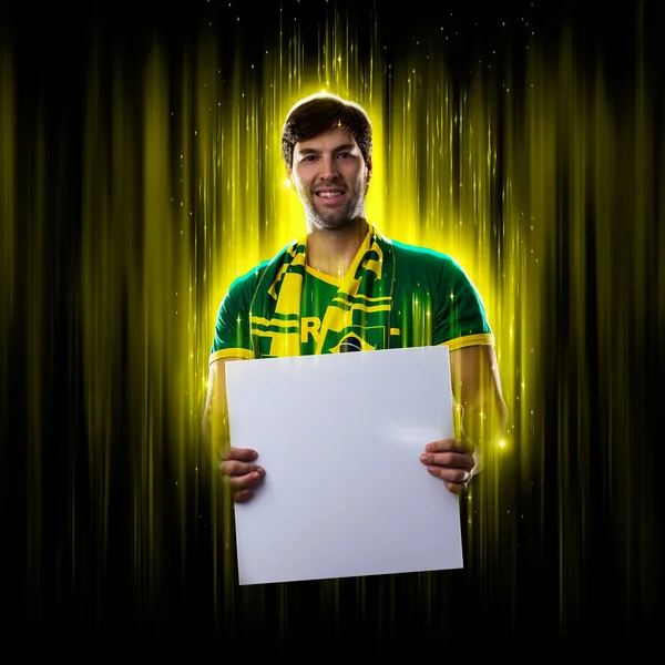 Brazilian Fan Holding White Empty Board Black Yellow Background Copy — Photo