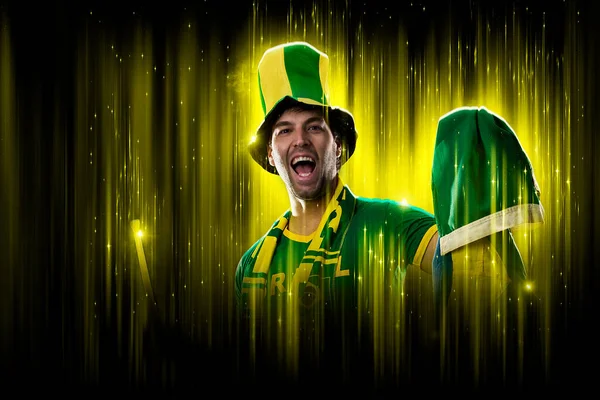 Brazilian Fan Celebrating Yellow Black Backgroun Cheering Brazil Champion Fotografias De Stock Royalty-Free