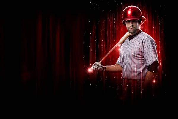 Παίκτης Του Μπέιζμπολ Κόκκινη Στολή Μαύρο Και Κόκκινο Φόντο — Φωτογραφία Αρχείου