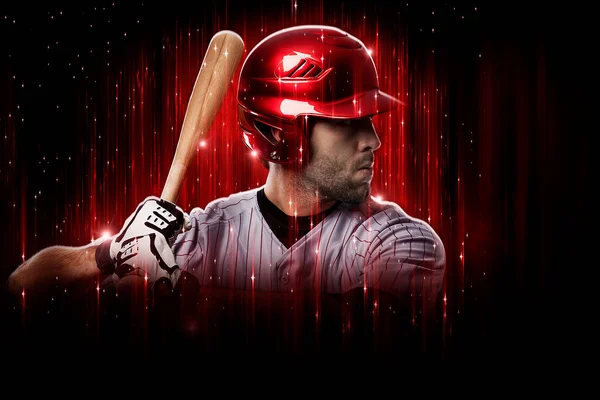 Baseball Player in a red uniform, on a black and red background.