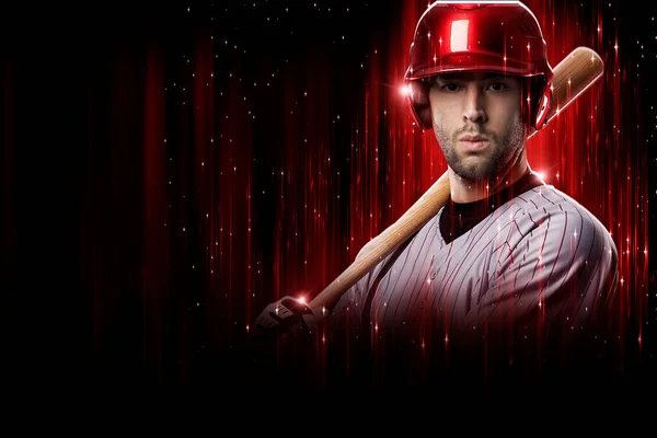 Baseball Player in a red uniform, on a black and red background.