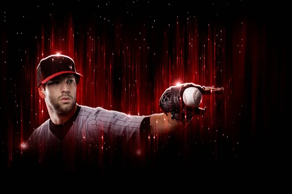 Baseball Player in a red uniform, on a black and red background.