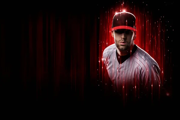 Baseball Player in a red uniform, on a black and red background.
