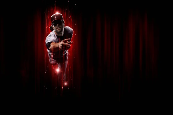 Παίκτης Του Μπέιζμπολ Πίτσερ Κόκκινη Στολή Μαύρο Και Κόκκινο Φόντο — Φωτογραφία Αρχείου