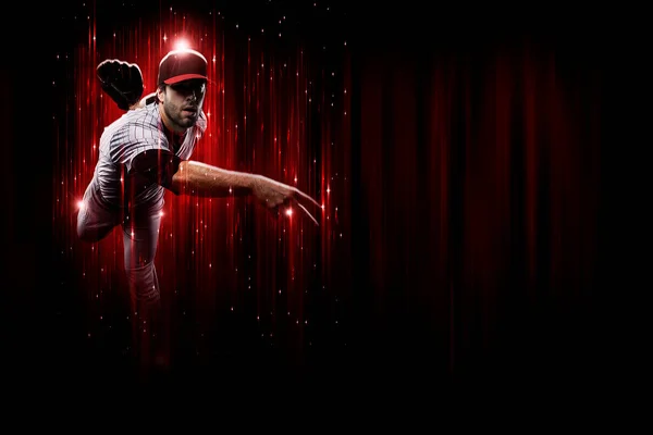 Baseball Player Pitcher Red Uniform Black Red Background — 图库照片