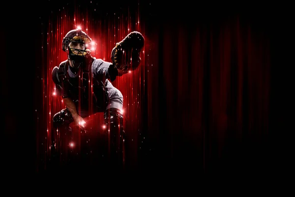 Catcher Baseball Player Red Uniform Black Red Background — Zdjęcie stockowe