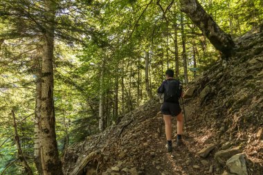 Ordesa ve Monte Perdido Ulusal Parkı, Aragon, Huesca, İspanya 'da Avcı' nın izini süren yürüyüşçü kadın..