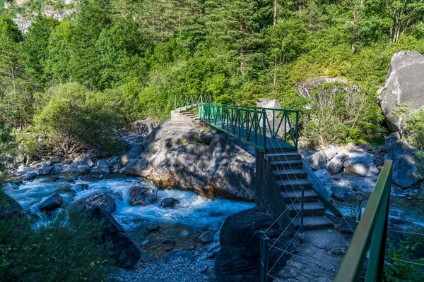 Metallbro Över Floden Ara Ordesa Och Monte Perdido Nationalpark Aragonien — Stockfoto