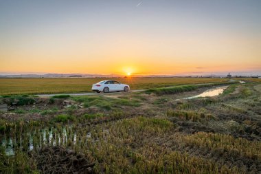 Car at sunset between the rice fields of the Albufera de Valencia natural park, Spain. clipart