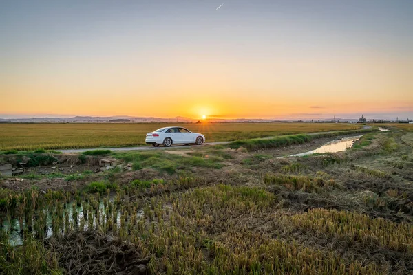 Car at sunset between the rice fields of the Albufera de Valencia natural park, Spain.