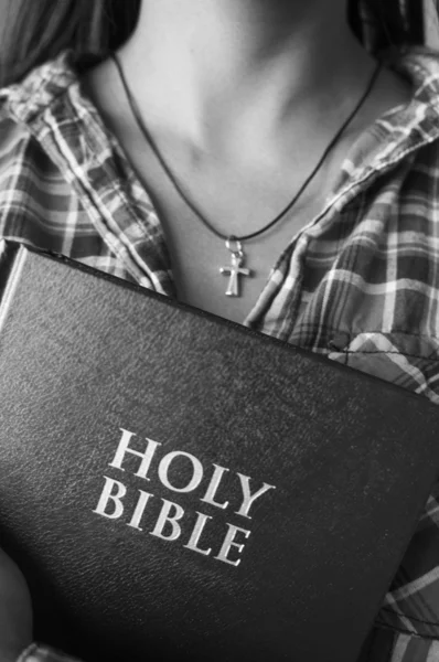 Female holding a holy bible — Stock Photo, Image