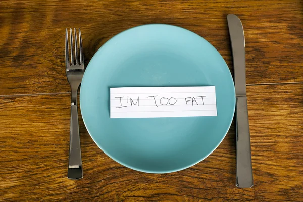 Weight loss concept too fat message on plate — Stock Photo, Image