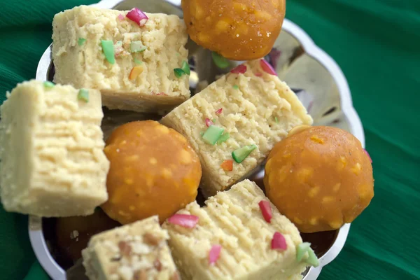 Colorful Indian Diwali  sweets in plain silver dish — Stock Photo, Image