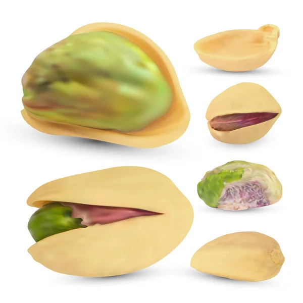 Zoute pistachenoten set. Realistische rauwe kernel geïsoleerd op witte achtergrond. — Stockvector