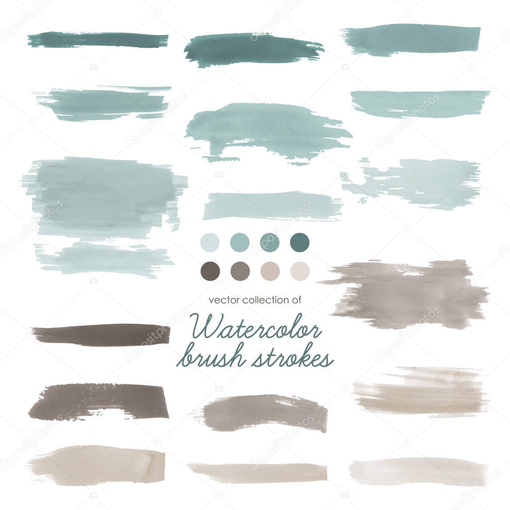 Brown Water Brushstrokes. Trace of Dirty Hand Drawn Stains. Graphic Spray Set. Beige Watercolor Strokes Element. Vector