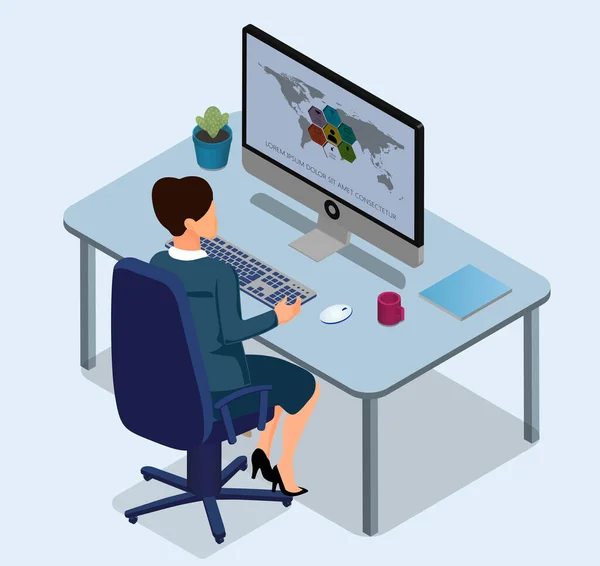 Programmist Kvinna Som Arbetar Kontor Med Dator Platt Isometrisk Illustration — Stockfoto