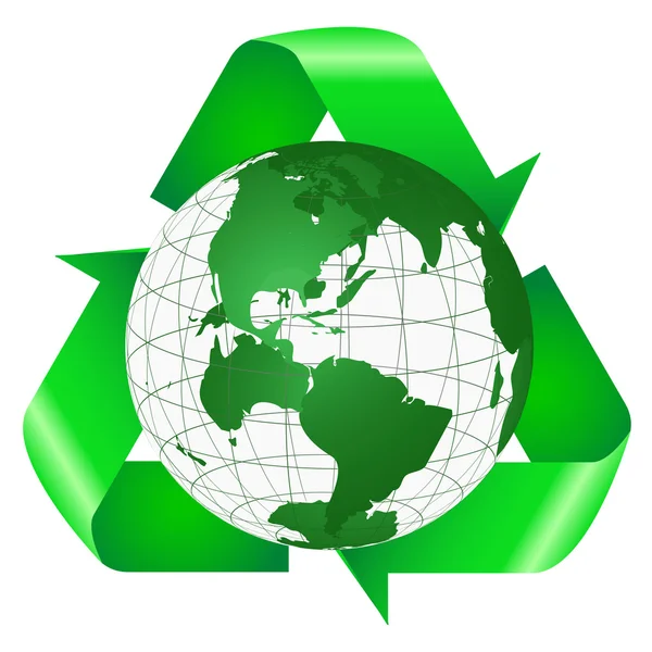 Σύμβολο ανακύκλωσης πίσω από τη γη — Διανυσματικό Αρχείο