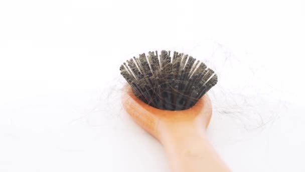 Hair Loss Wooden Comb Burnt Hair Stress Coronavirua White Background — Stock Video