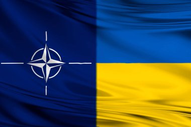 Uzhhorod, Ukrayna - 5 Nisan 2022: NATO-Ukrayna Ortak Bayrağı. NATO ve Ukrayna kavramı. Ukrayna Rusya 'ya karşı savaşta. Savunma ilişkileri
